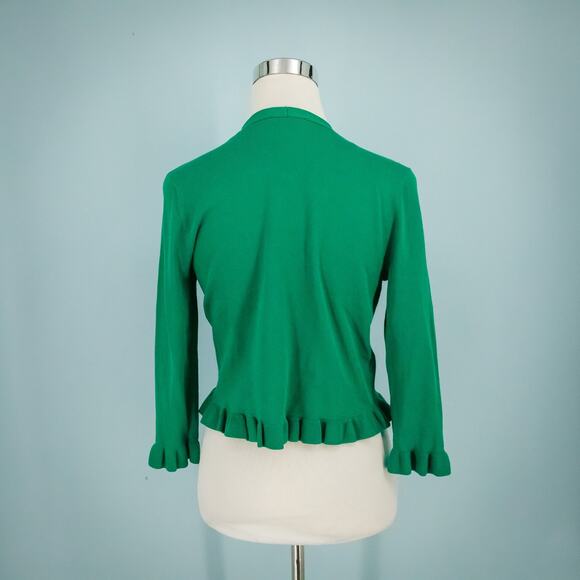 Ann Taylor Size Small S Green Ruffle Hem Open Front 3/4 Sleeve Cardigan Sweater - Picture 2 of 5